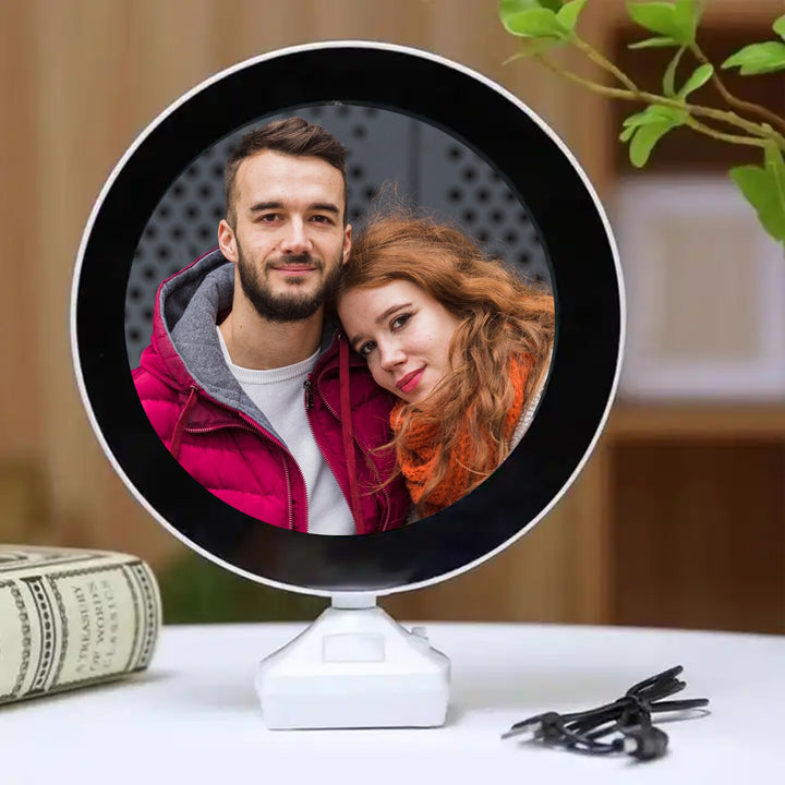 LED mirror photo frame displaying a couple's portrait in a stylish round design for home decor