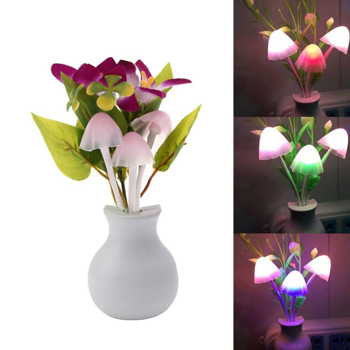 LED mushroom night light in a decorative vase with colorful glowing mushrooms for stylish home decor