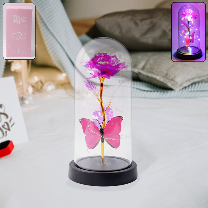 LED rose dome decoration with pink rose and butterfly for elegant home decor