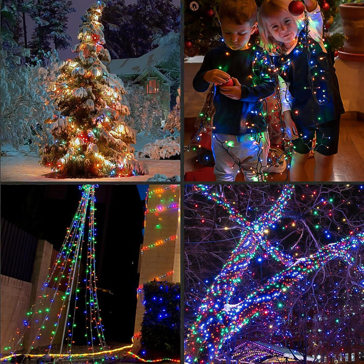 Colorful LED string lights 4.5 meter on a Christmas tree and festive decorations in various settings