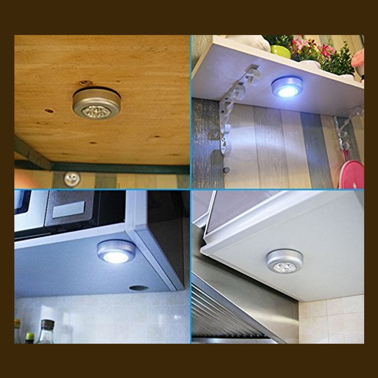 Versatile stick-on LED tap lamp for under-cabinet lighting in kitchen and home spaces