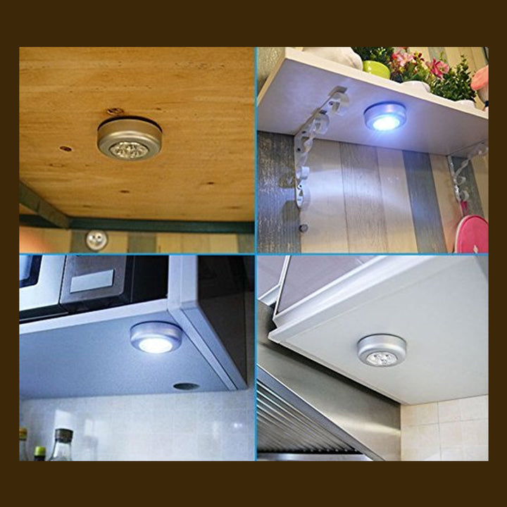 Versatile stick-on LED tap lamp for under-cabinet lighting in kitchen and home spaces