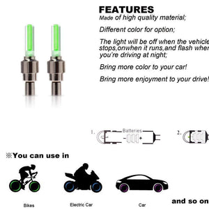 Colorful LED tire valve caps for cars and bikes, enhancing visibility at night for safer driving