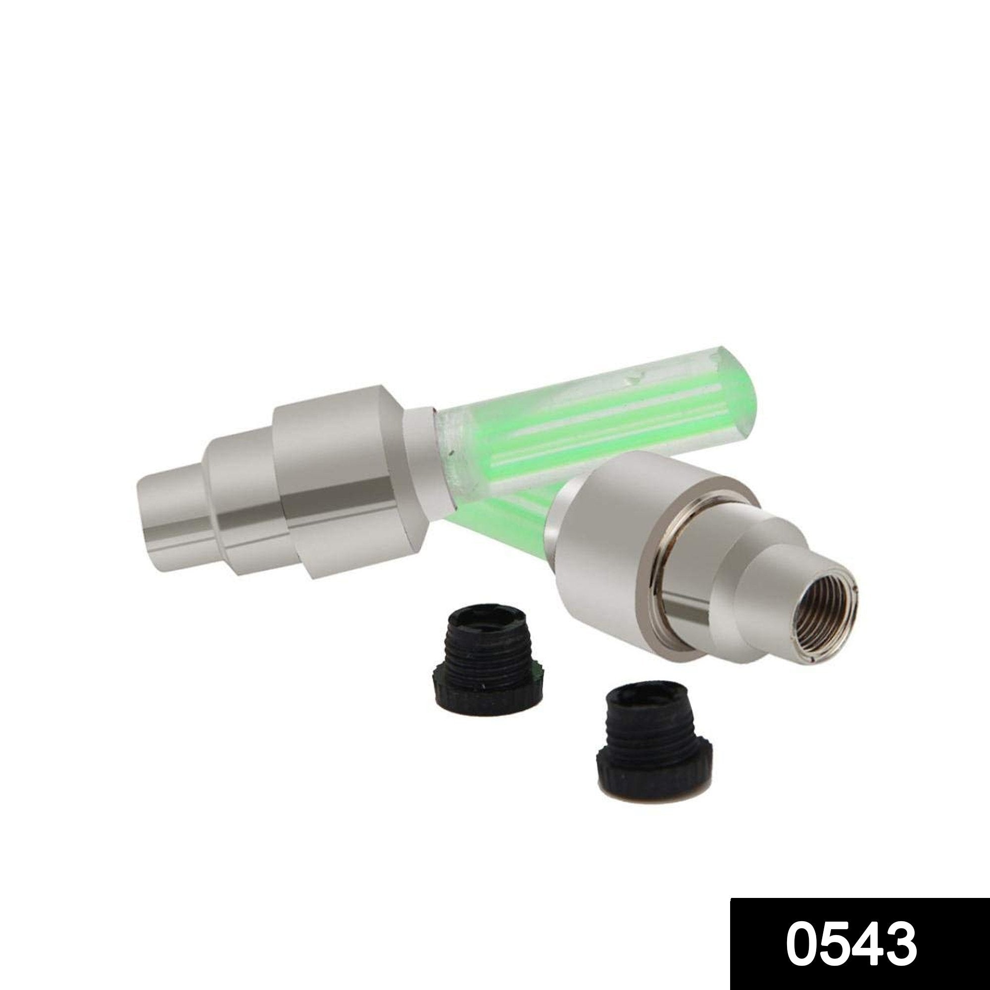 LED tire valve caps featuring a sleek design with glowing green lights for enhanced visibility and style