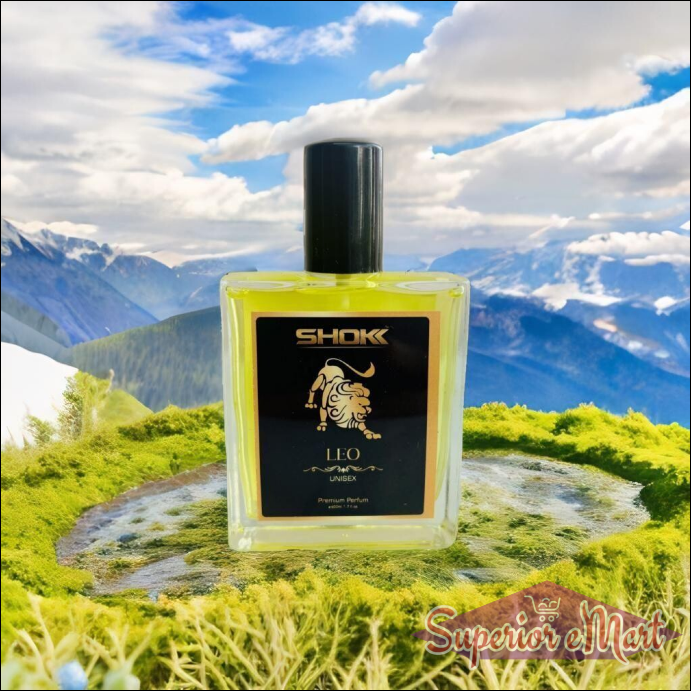 Leo zodiac unisex perfume 50ml bottle displayed in a scenic mountain landscape