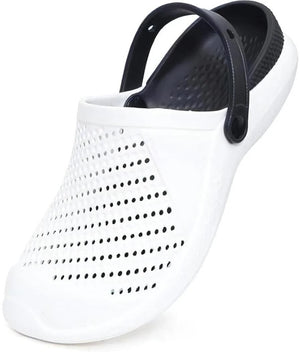 White lightweight casual clogs for men with black adjustable heel strap and perforated upper design