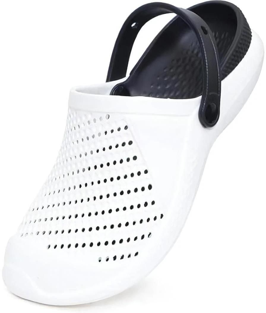 White lightweight casual clogs for men with black adjustable heel strap and perforated upper design