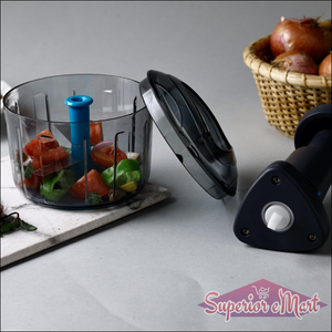 Superior eMart lock unlock push chopper with transparent bowl and blue handle for easy food preparation