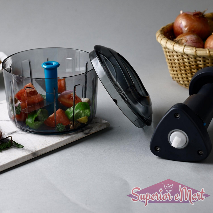 Superior eMart lock unlock push chopper with transparent bowl and blue handle for easy food preparation
