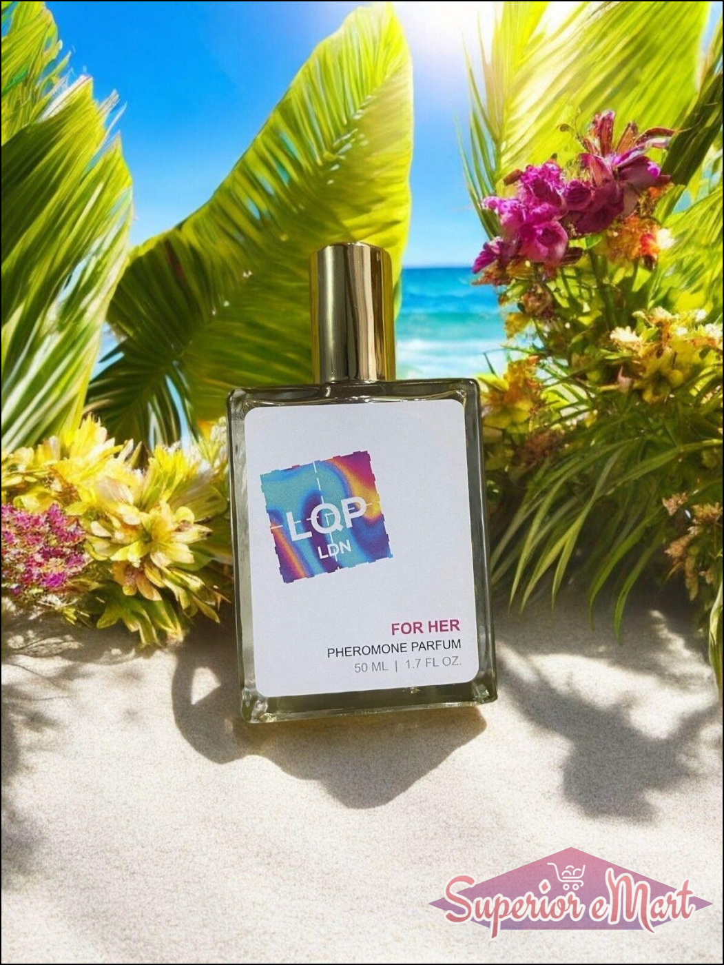 LOP LON For Her Pheromone Perfume for Women 50 ml surrounded by tropical flowers and beach scenery
