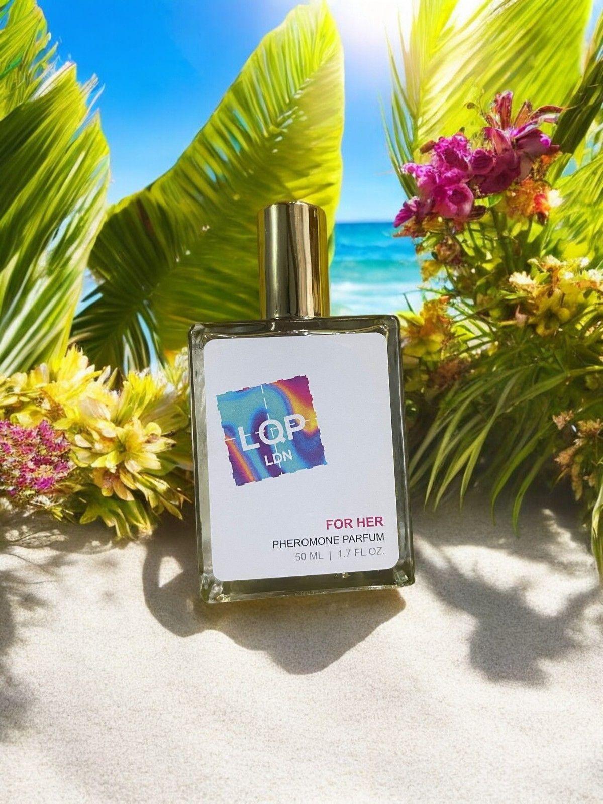 LOP LON For Her Pheromone Perfume for Women 50 ml surrounded by tropical flowers and beach scenery