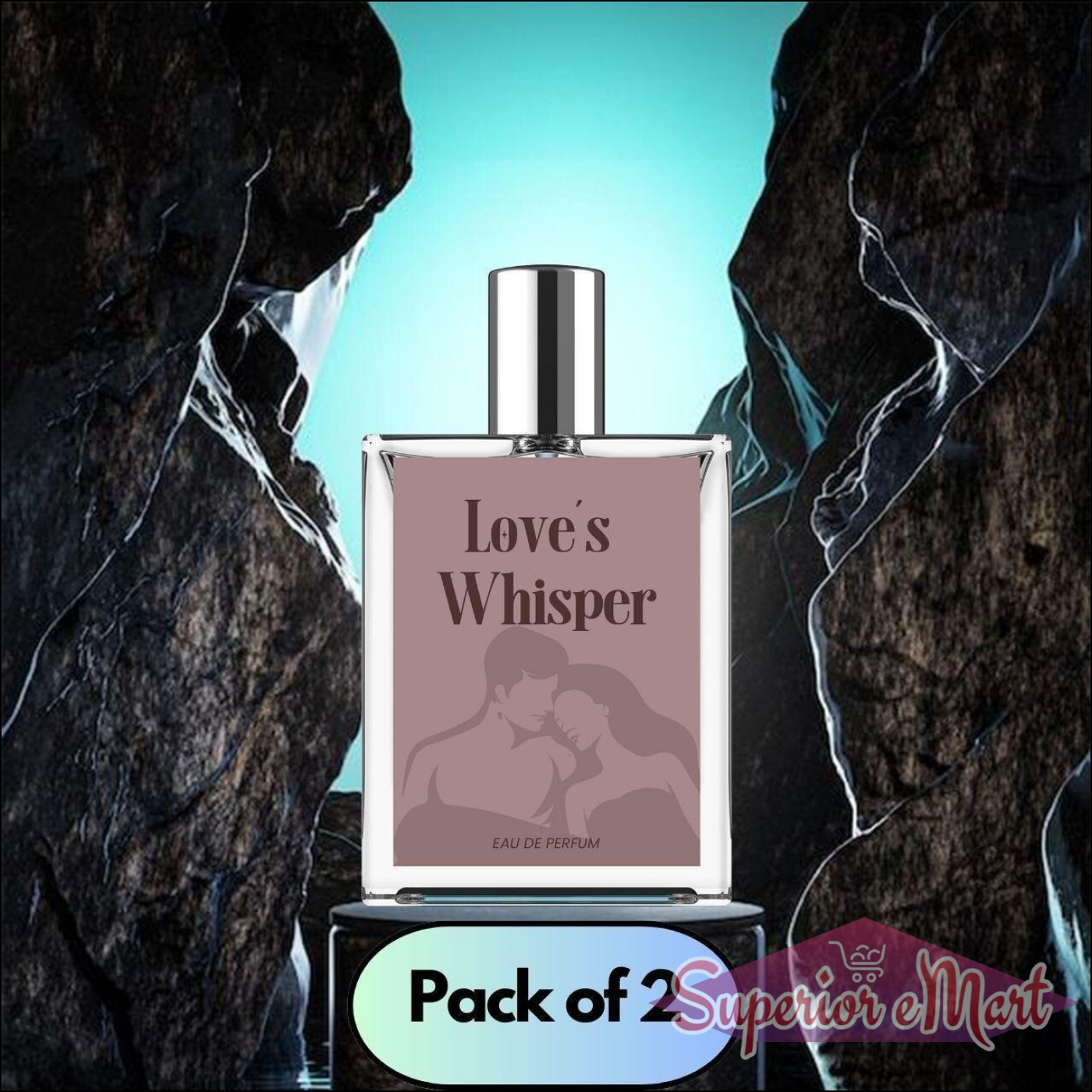 Love's Whisper perfume 100 ml pack of 2 displayed against a dramatic rocky backdrop
