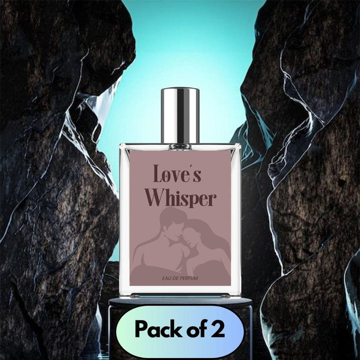 Love's Whisper perfume 100 ml pack of 2 displayed against a dramatic rocky backdrop
