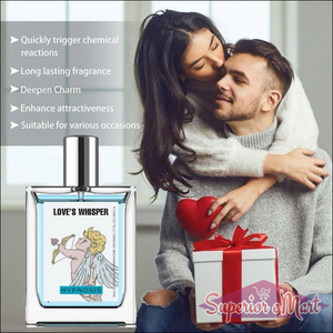 Love's Whisper Perfume 50ML in elegant bottle, surrounded by a couple celebrating love and warmth