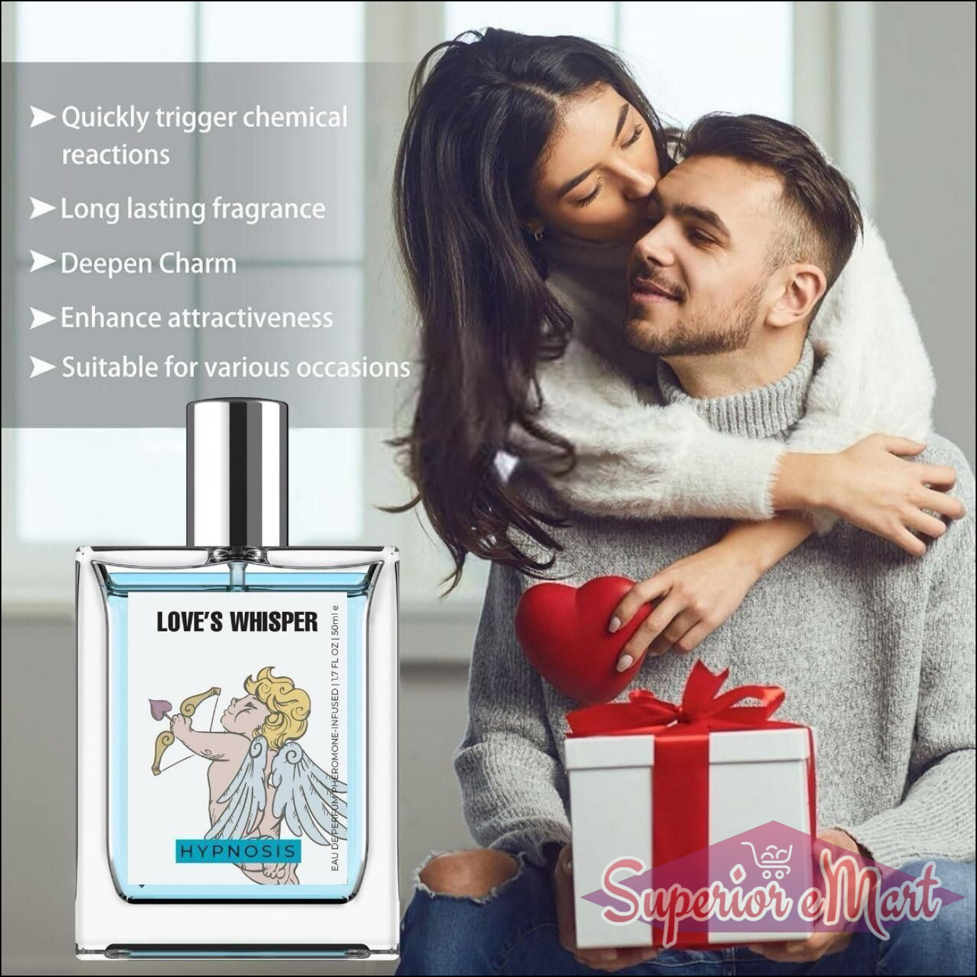 Love's Whisper Perfume 50ML in elegant bottle, surrounded by a couple celebrating love and warmth