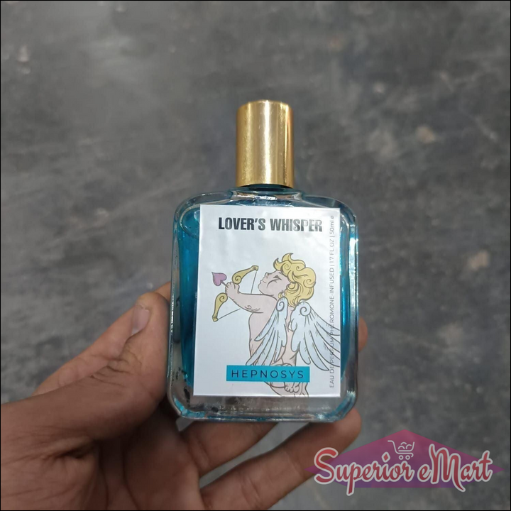Love's Whisper Perfume 50ML in a clear bottle with a gold cap and charming label design