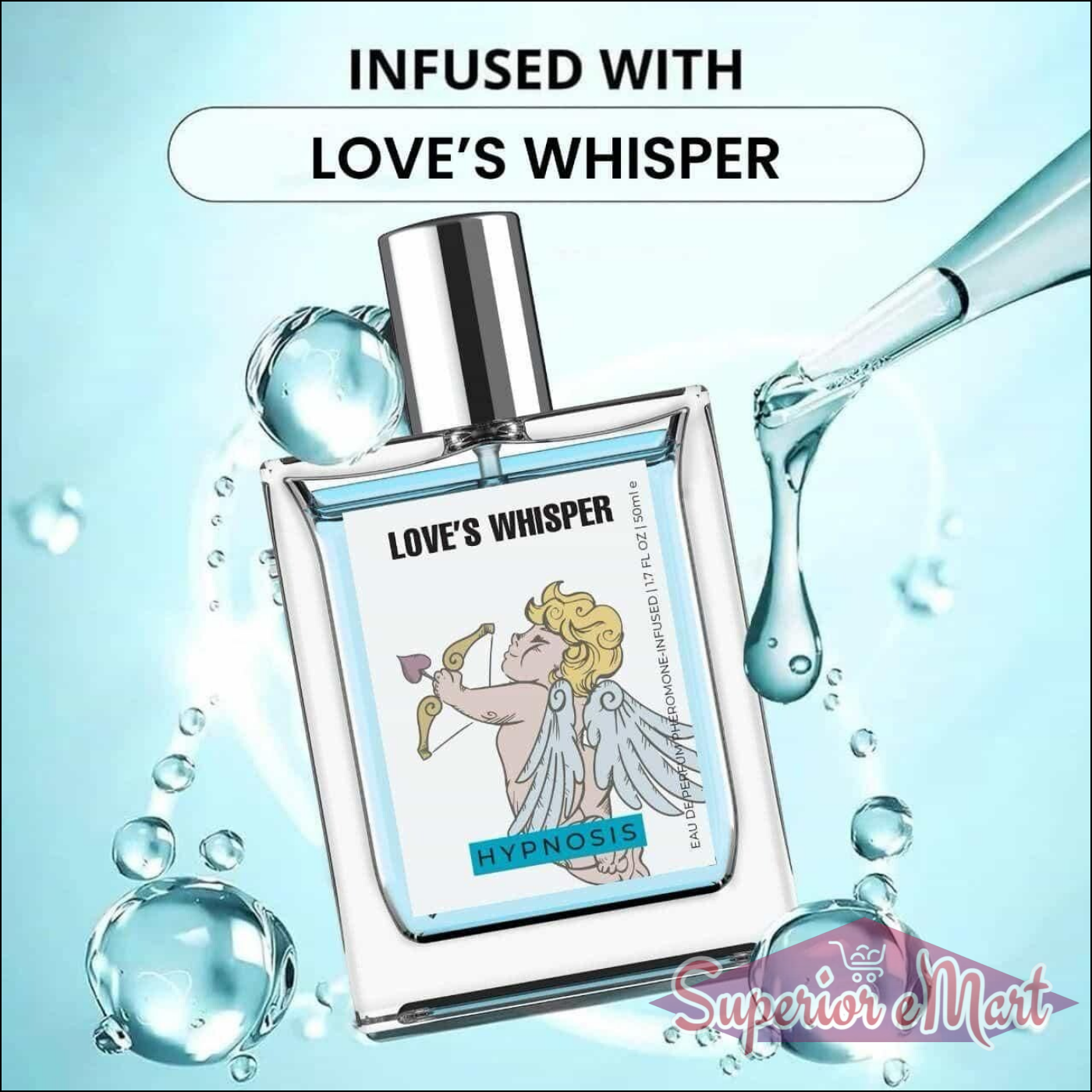 Love's Whisper Perfume 50ML in a sleek bottle with an angel design and water droplets