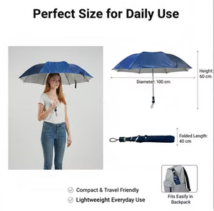 A promotional infographic for a compact umbrella. On the left, a woman holds the open umbrella, which is blue on the outside with a gray interior.