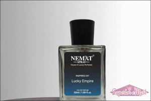 Nemat Spray "Lucky Empire" 50ml Eau De Parfum in a clear glass bottle with a black cap and blue gradient label.