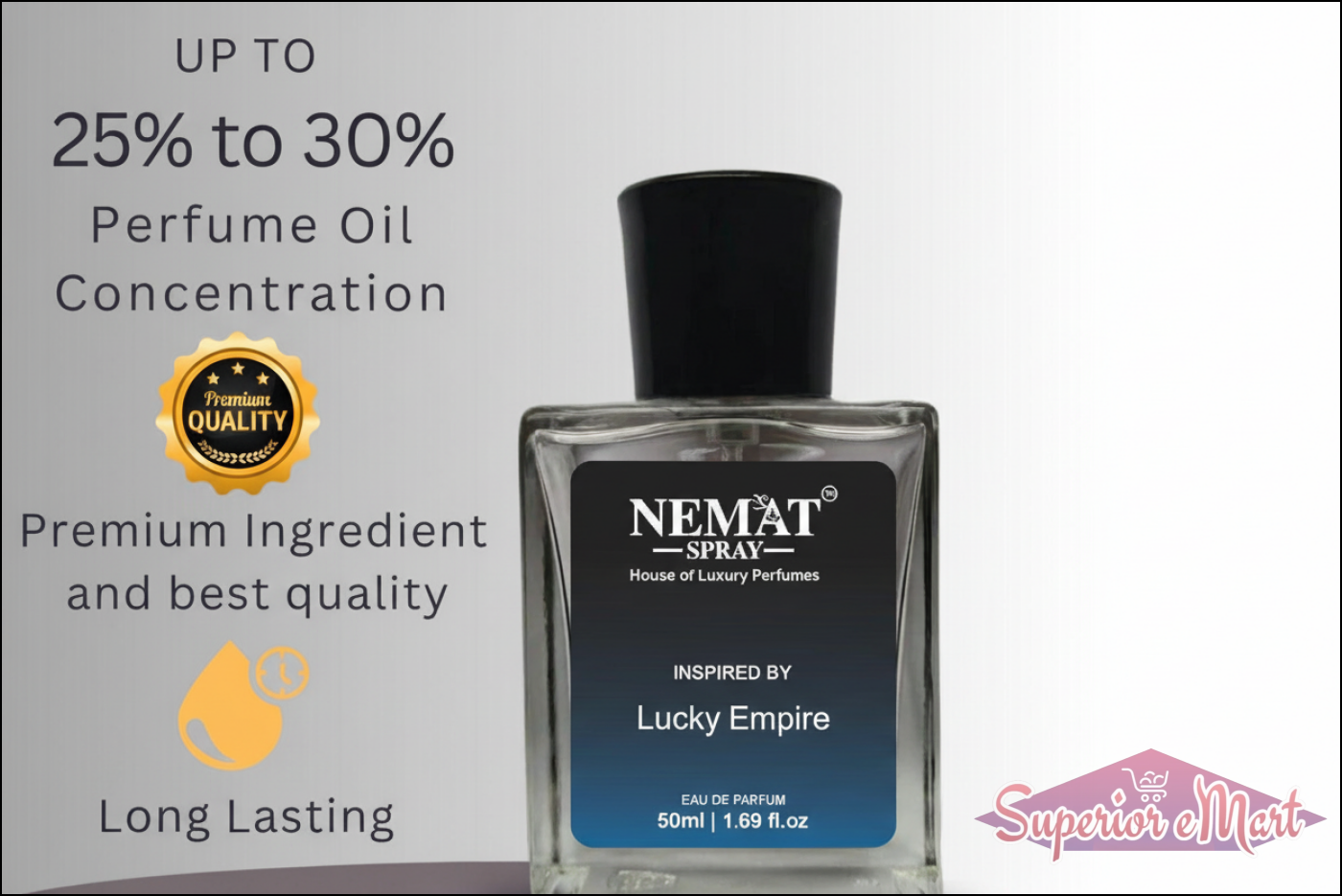 Nemat Lucky Empire 50ml perfume. Glass bottle, black cap. Features 25-30% oil concentration, long lasting quality.