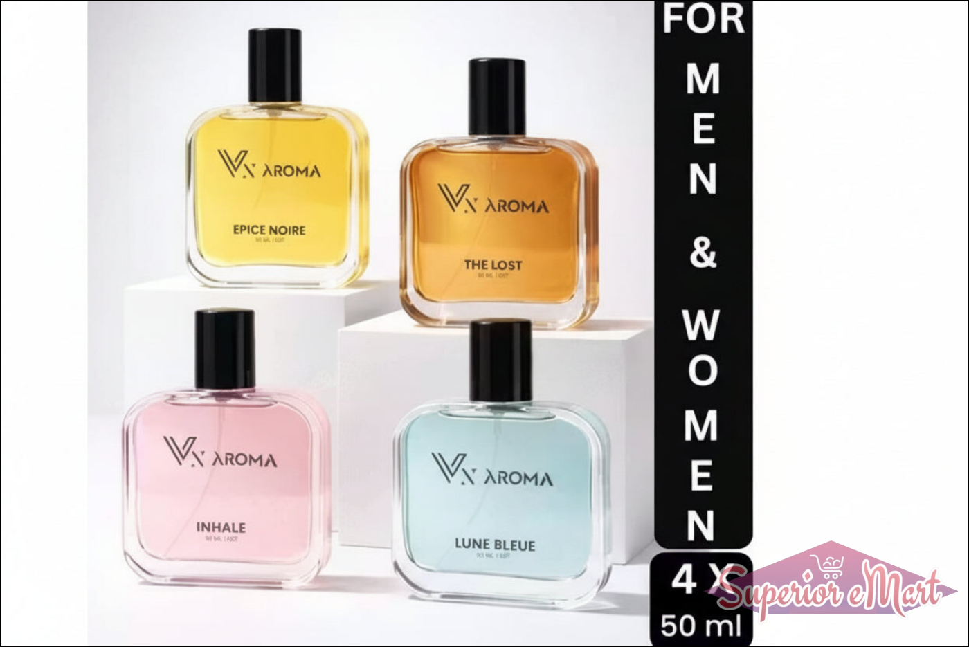 Four VX Aroma perfume bottles in different colors on a white background with text indicating they are for men and women.