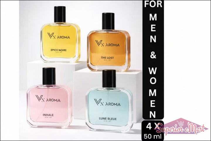 Four VX Aroma perfume bottles in different colors on a white background with text indicating they are for men and women.