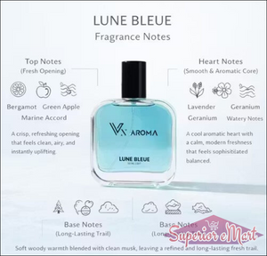 Lune Bleue perfume by Aroma. Square glass bottle with blue liquid, black cap, and infographic of fragrance notes.