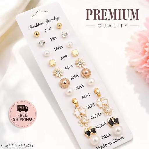 Beautiful 12 Pair Combo Set Zircon, Black, Pearl Brass, Stone, Silicone, Alloy, Silver Stud Earring, Hoop Earring, Cuff Earring, Ear Thread, Earring Set girls, and woman