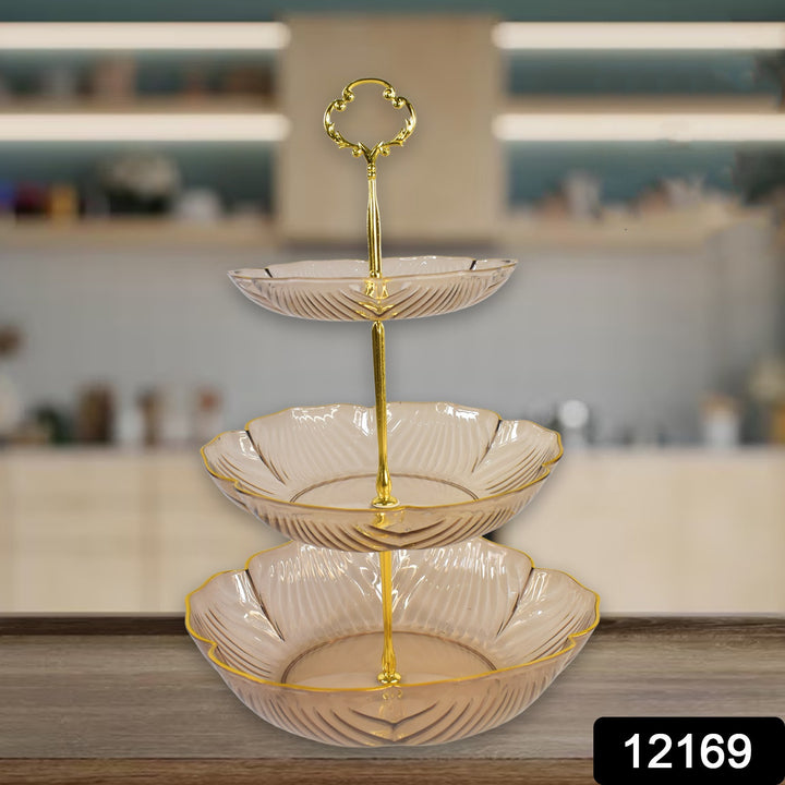 Elegant Superior eMart 3 tier snack rack with gold-trimmed glass plates for home and kitchen use