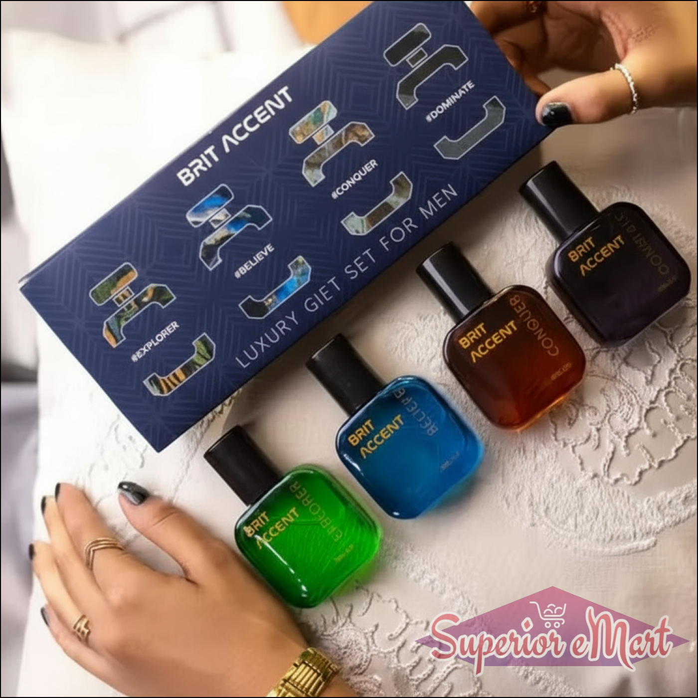 Brit Accent Luxury Gift Set for Men featuring four distinctive fragrance bottles in stylish packaging