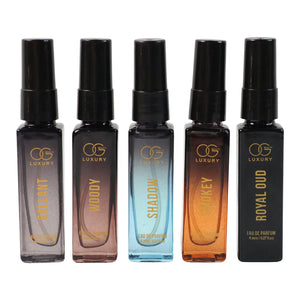 Luxury perfume combo pack featuring five unique scents in spray bottles for versatile fragrance choices