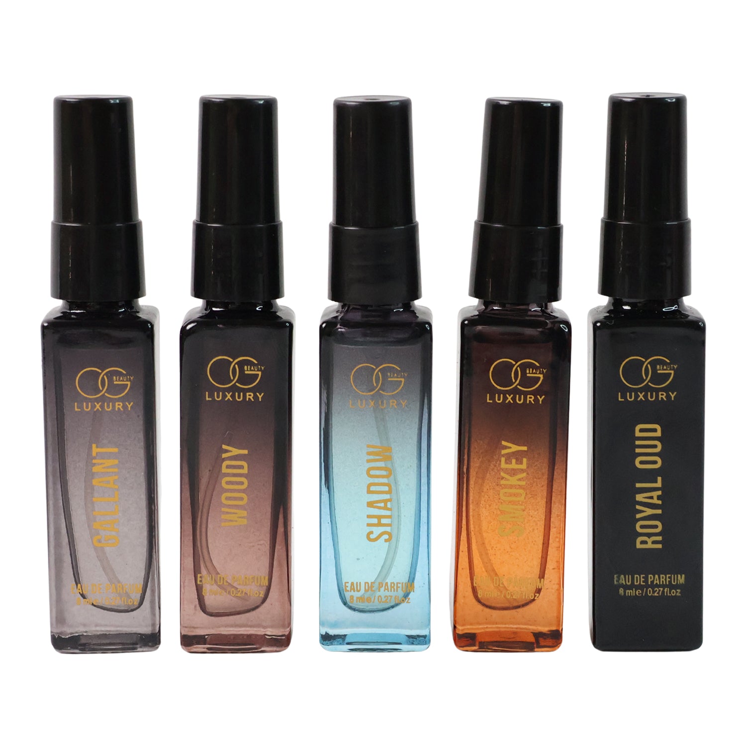 Luxury perfume combo pack featuring five unique scents in spray bottles for versatile fragrance choices