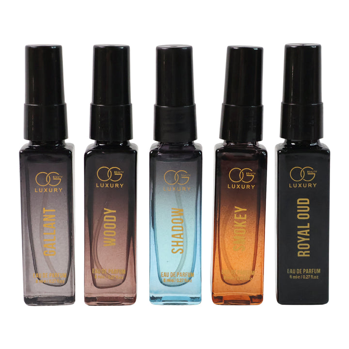 Luxury perfume combo pack featuring five unique scents in spray bottles for versatile fragrance choices