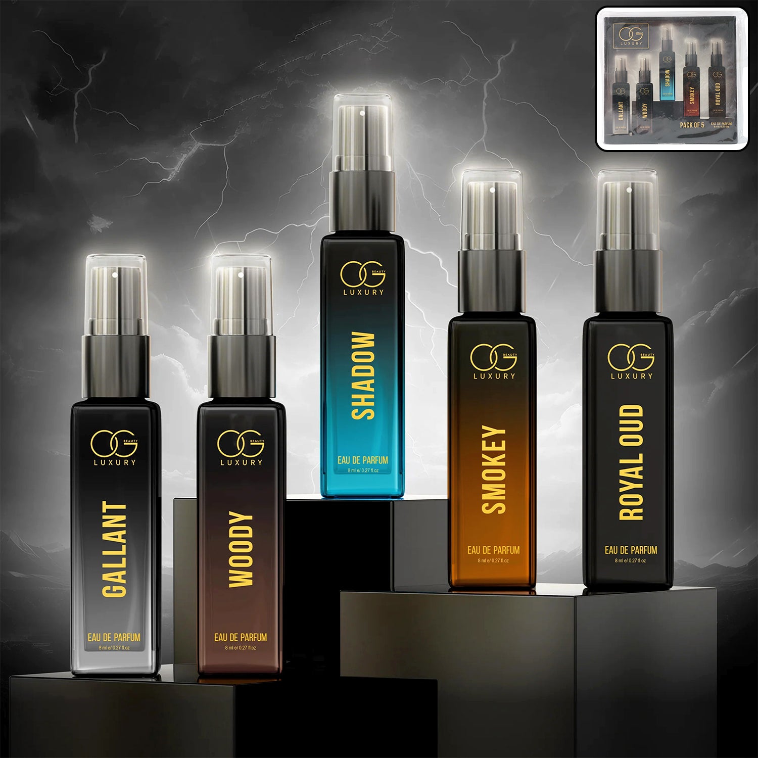Luxury perfume combo pack featuring five distinctive scents in elegant spray bottles