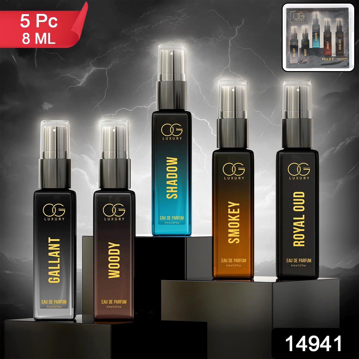 Luxury perfume combo pack featuring five 8ml Eau de Parfum bottles in Gallant, Woody, Shadow, Smoky, and Royal Oud