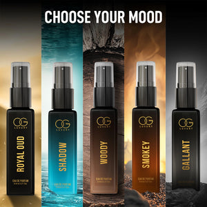 Luxury perfume combo pack featuring Royal Oud, Shadow, Woody, Smokey, and Gallant scents in elegant bottles