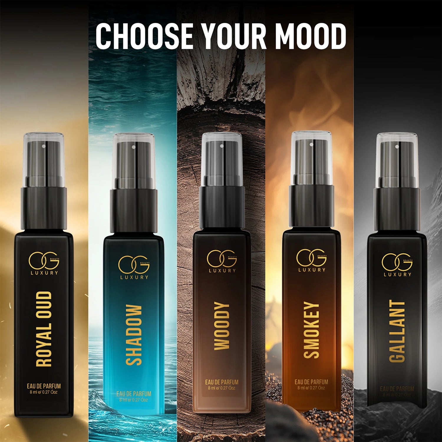 Luxury perfume combo pack featuring Royal Oud, Shadow, Woody, Smokey, and Gallant scents in elegant bottles
