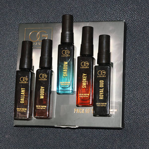 Luxury perfume combo pack featuring five distinct fragrances in sleek travel-size bottles