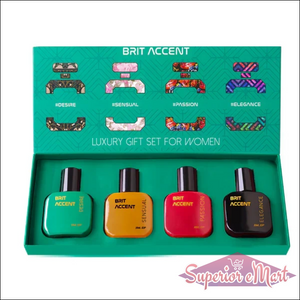 Brit Accent luxury perfume gift set for women featuring four vibrant scents in stylish bottles