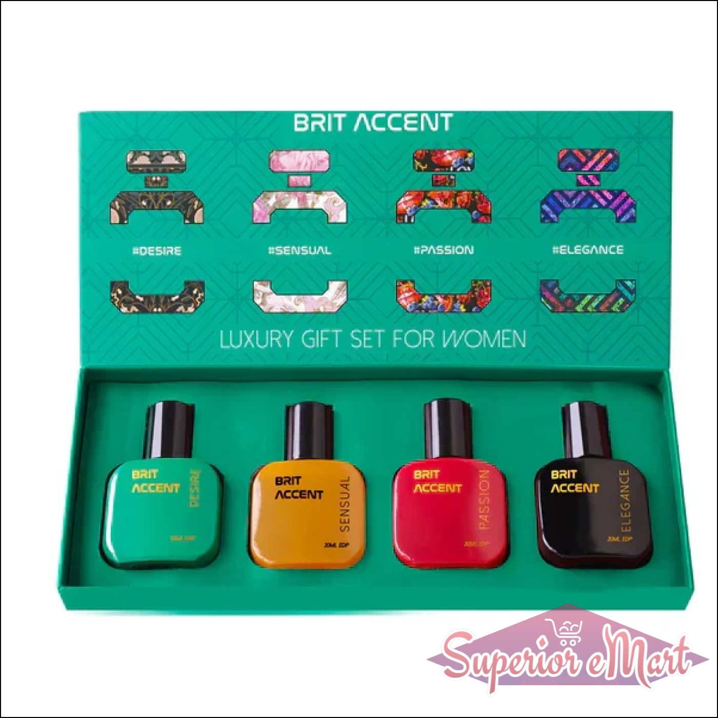 Brit Accent luxury perfume gift set for women featuring four vibrant scents in stylish bottles
