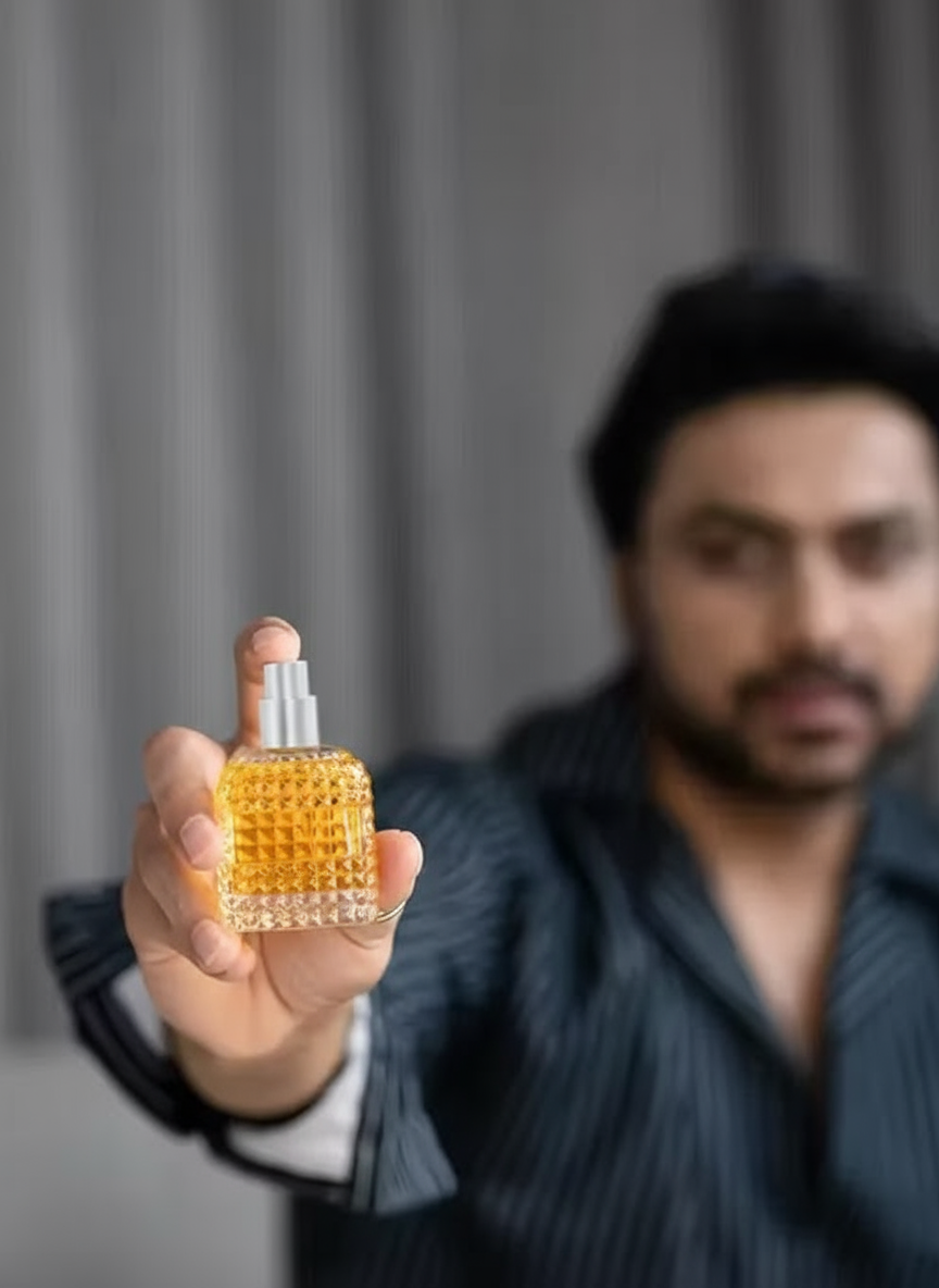Luxury unisex perfume long-lasting in a stylish glass bottle held by a man in a striped shirt