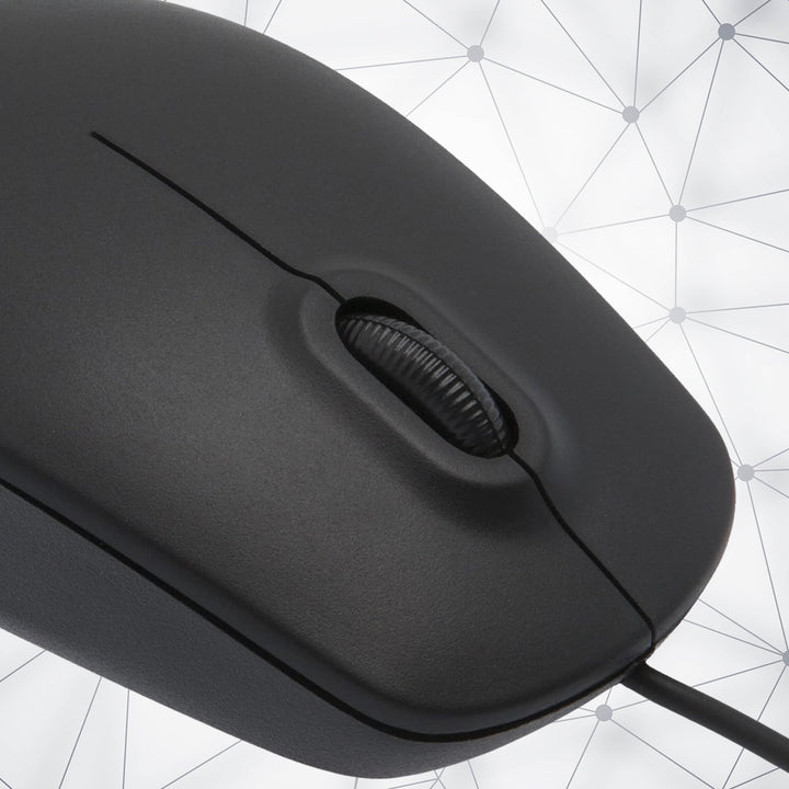 Close-up of M-111 computer mouse featuring a sleek design and smooth scroll wheel