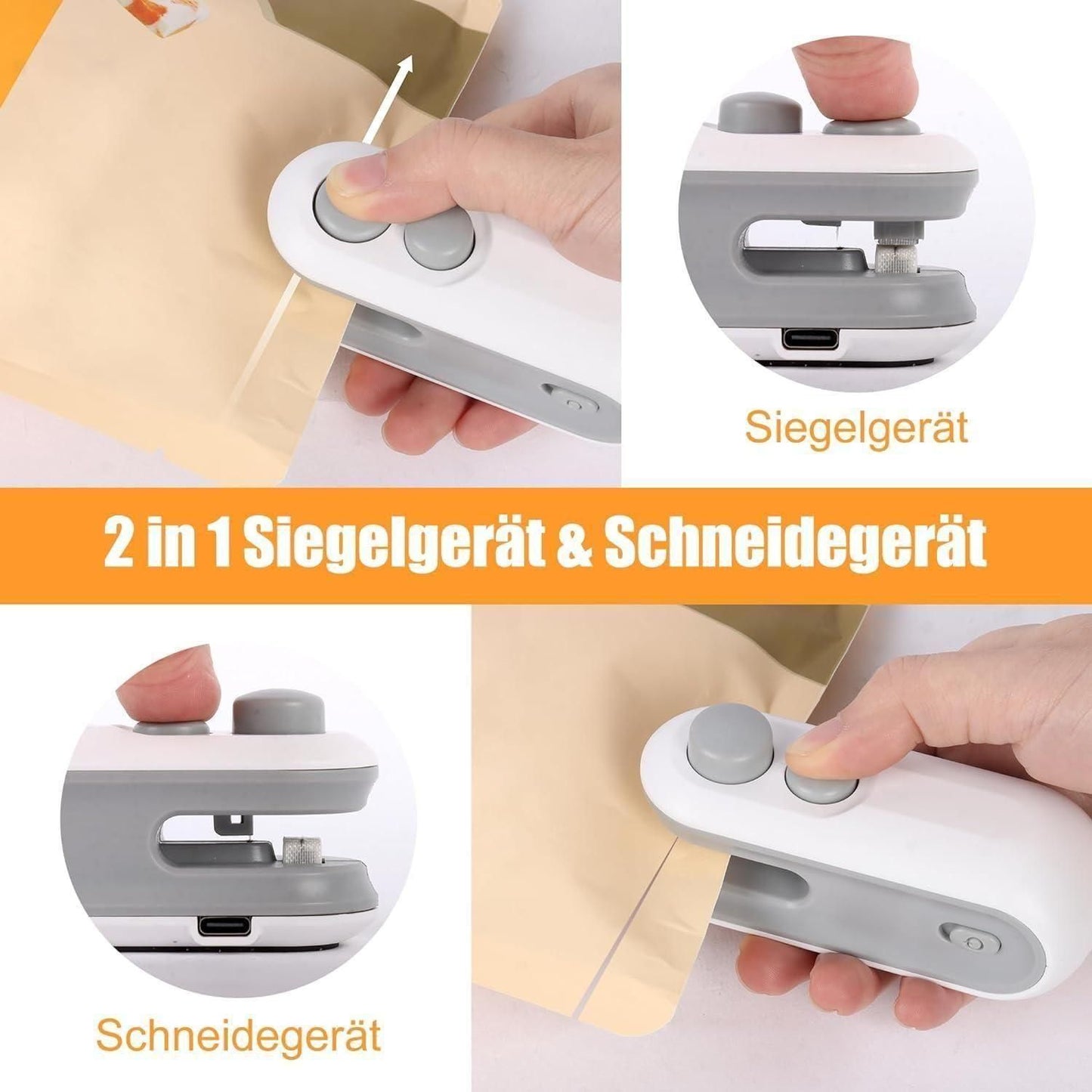 Magnetic heat sealer with cutter for sealing bags easily and quickly, ideal for food preservation.