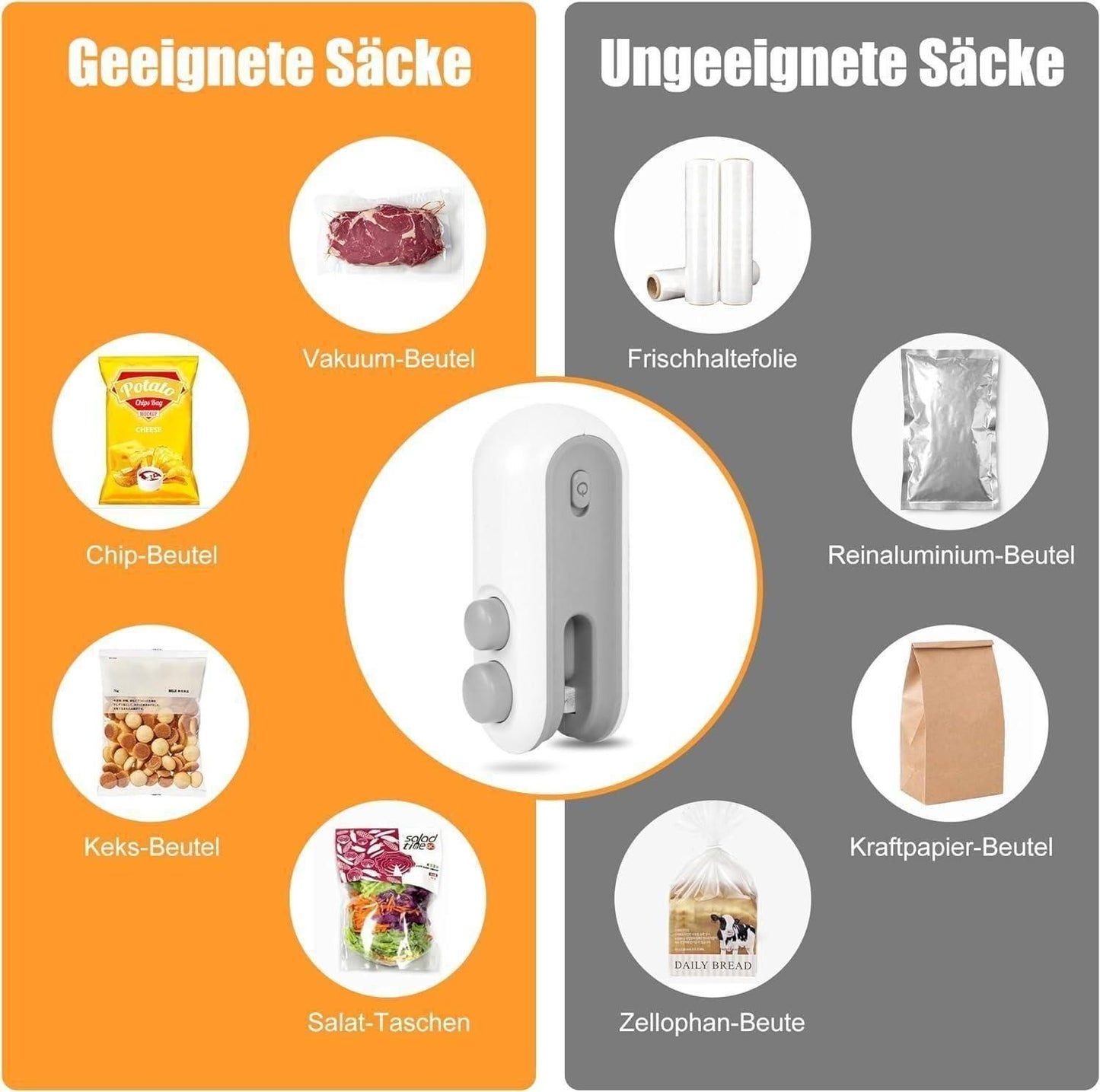 Magnetic heat sealer with cutter on a display, showing compatible and incompatible bags for sealing