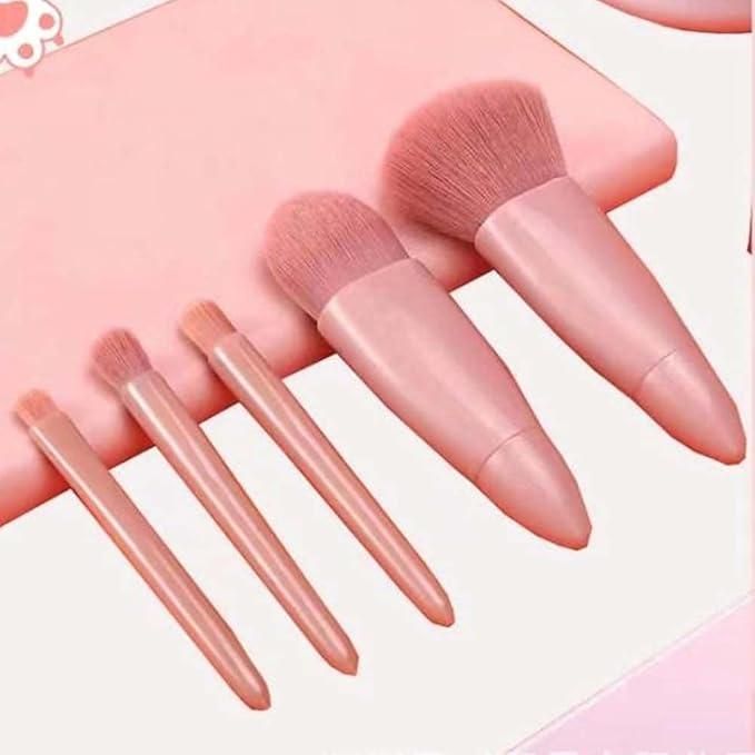 5 in 1 Makeup Brush Set with Mirror Case featuring pink brushes with soft bristles and ergonomic handles
