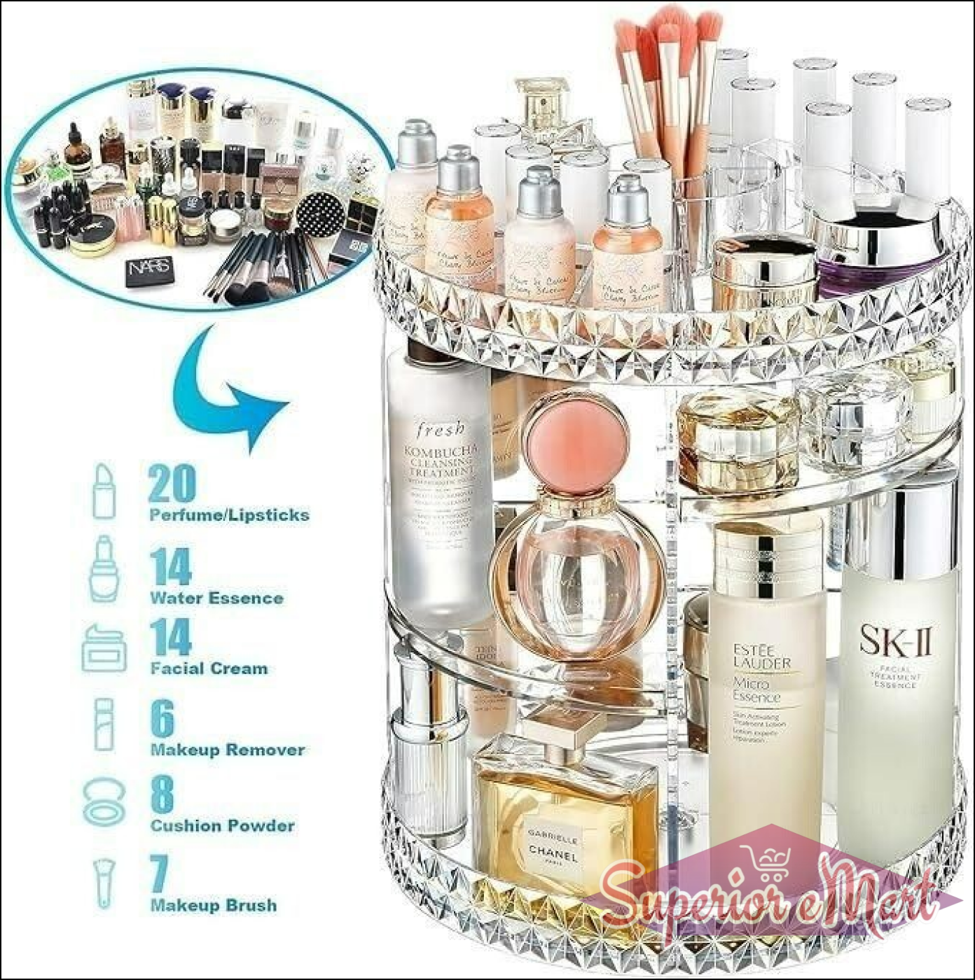 360 rotating clear acrylic vanity organizer with diamond trim, holding luxury perfumes, skincare, and brushes.