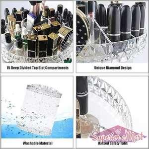 Clear acrylic makeup organizer: 15 divided top slots, diamond pattern, washable material, and raised safety tabs.