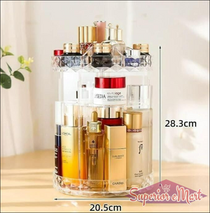 Clear acrylic rotating makeup organizer with luxury skincare like Chanel. Measures 28.3cm high and 20.5cm wide.