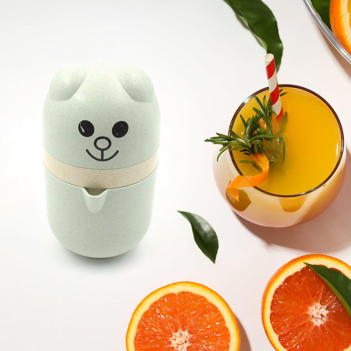 Cute manual citrus juicer in light green with a bear design, perfect for fresh orange juice extraction