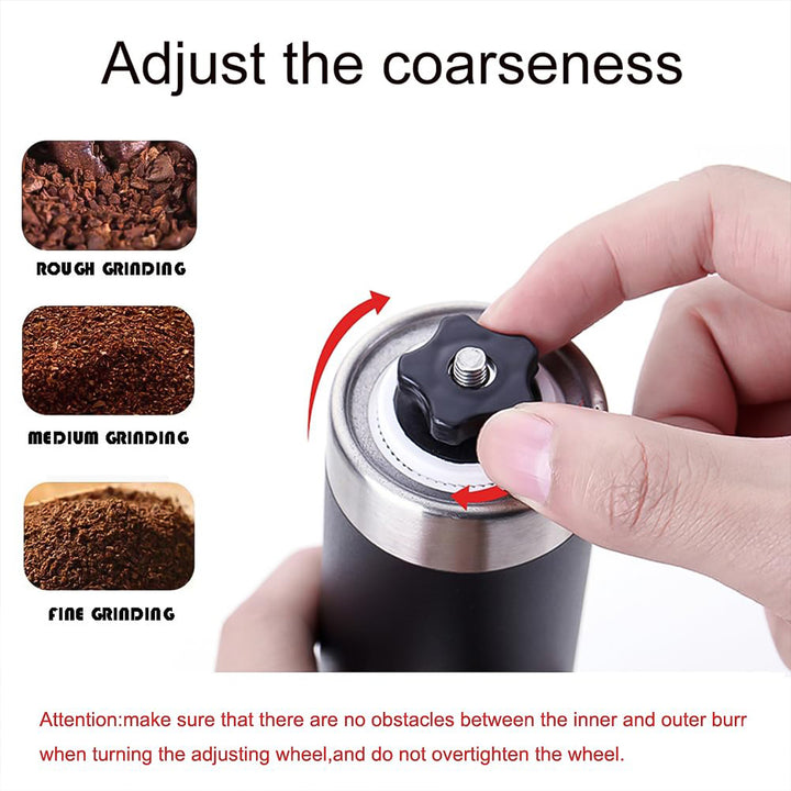 Manual coffee grinder with adjustable coarseness setting for perfect grind customization